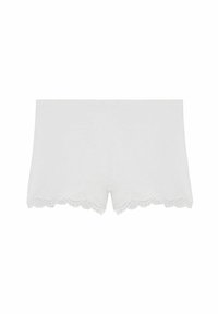 Pantaloni shorts bianchi in cotone con orlo in pizzo scallopato, texture morbida e design semplice. Adatti per un comfort quotidiano.