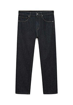 Dark indigo straight-leg jeans with five pockets, button closure, and visible contrast stitching on a white background.