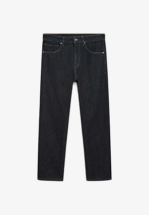 Dark indigo straight-leg jeans with five pockets, button closure, and visible contrast stitching on a white background.