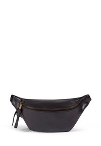 Black leather fanny pack with a curved design, featuring a gold zipper closure and a textured finish. Compact and versatile for carrying essentials.