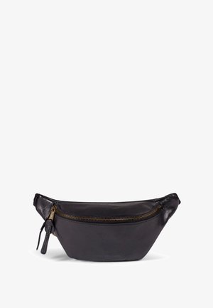 Schwarze Leder-Gürteltasche mit geschwungenem Design, ausgestattet mit einem goldenen Reißverschluss und einer strukturierten Oberfläche. Kompakt und vielseitig für die Mitnahme von Essentials.