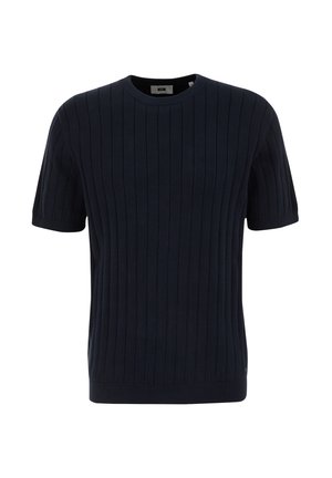 Navy blue short-sleeve sweater made from ribbed knit fabric. Crew neck with texture and a subtle brand tag at the hem.