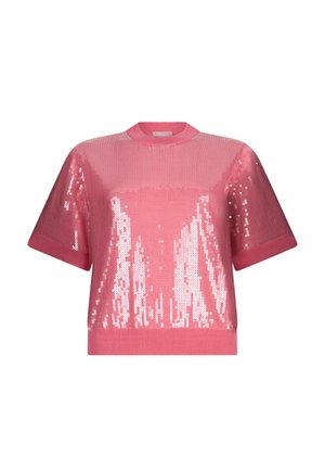 Haut court rose à manches courtes avec col rond, couvert de sequins brillants créant un effet scintillant sur le devant et les manches.