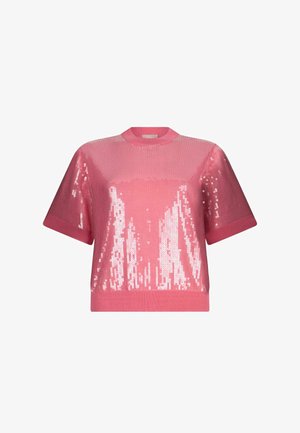 Haut court rose à manches courtes avec col rond, couvert de sequins brillants créant un effet scintillant sur le devant et les manches.