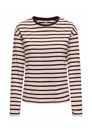Chemise beige à manches longues avec des rayures horizontales noires et un col rond foncé, présentée sur fond blanc.