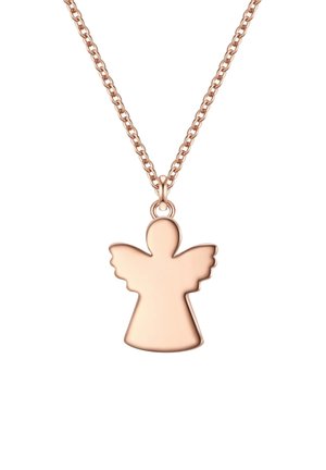 Rožu zelta eņģeļa piekare ar pagarinātu ķermeni un izpletu spārnu, karājoties no smalkas ķēdītes.