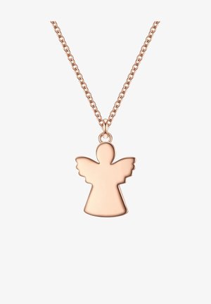 Ogrlica z obeskom v obliki angela iz rožnatega zlata, ki ima podolgovato telo in razširjena krila, obešena na nežni verižici.