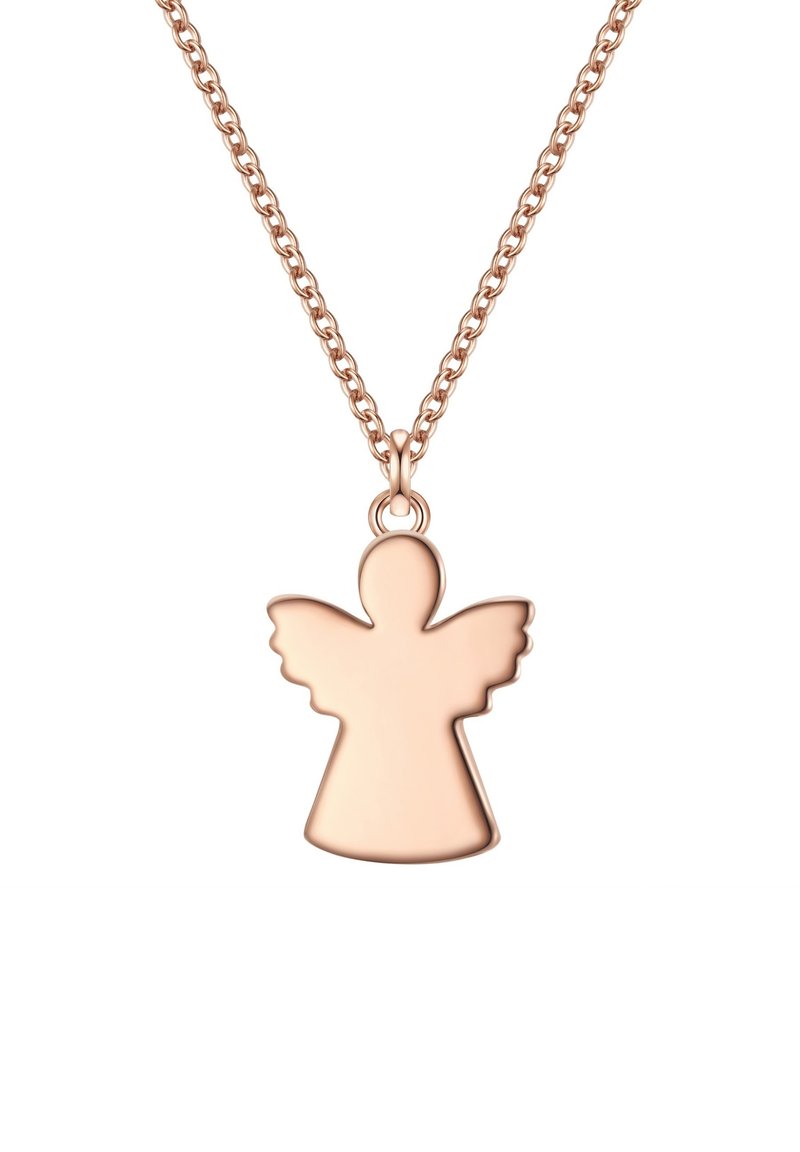 Ogrlica z obeskom v obliki angela iz rožnatega zlata, ki ima podolgovato telo in razširjena krila, obešena na nežni verižici.