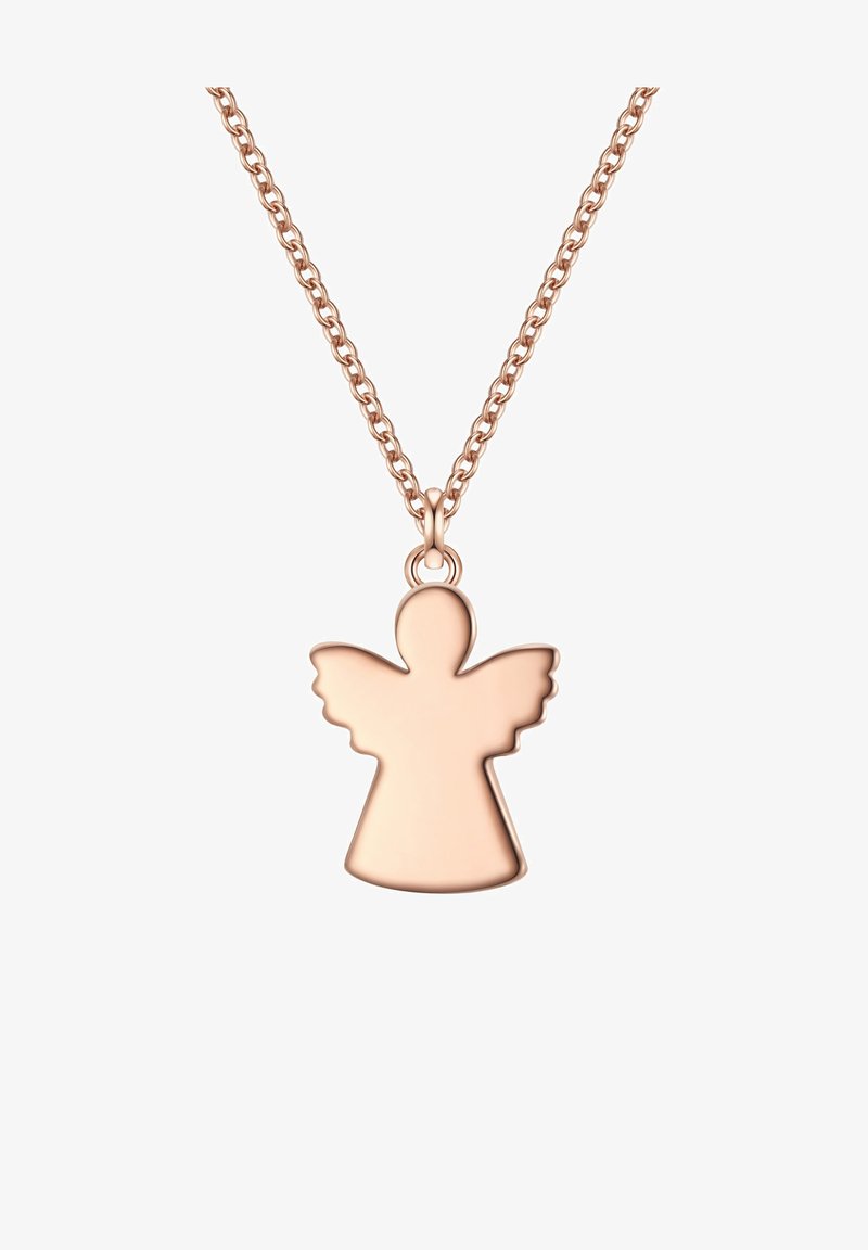 Ogrlica z obeskom v obliki angela iz rožnatega zlata, ki ima podolgovato telo in razširjena krila, obešena na nežni verižici.