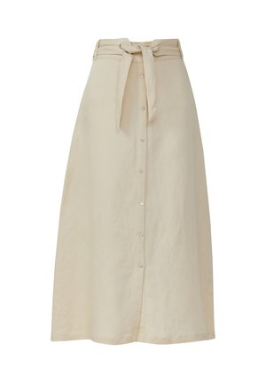 Beige linnen maxi rok met een gestrikte tailleband, knoopsluiting aan de voorkant en een rechte silhoette. Glad textuur en geen patronen.