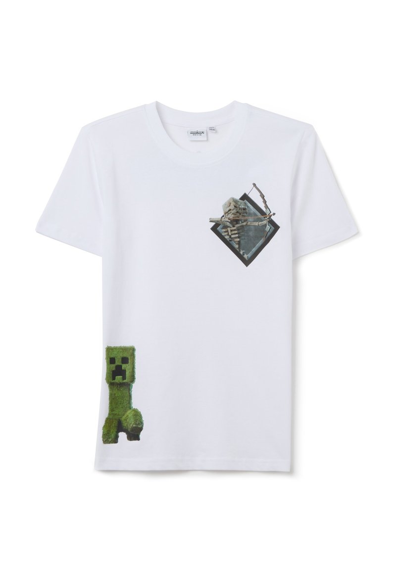 Witte katoenen t-shirt met een graphic van een skeletboogschutter in een diamantvorm en een groene Creeper-karakter op de linkeronderhoek.