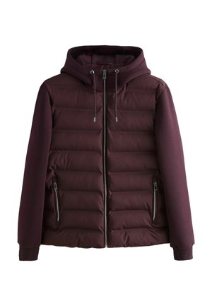 Nahaufnahme eines Mannes mit lockigem Haar, der einen bordeauxfarbenen gesteppte Hoodie mit Reißverschluss und Kordeln vor einem einfarbigen Hintergrund trägt.