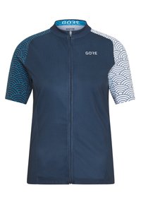 Kurzarm-Radsporttrikot in Marineblau mit strukturierter Oberfläche, ausgestattet mit blauen Wellenmustern an den Ärmeln und einem durchgehenden Reißverschluss vorne.