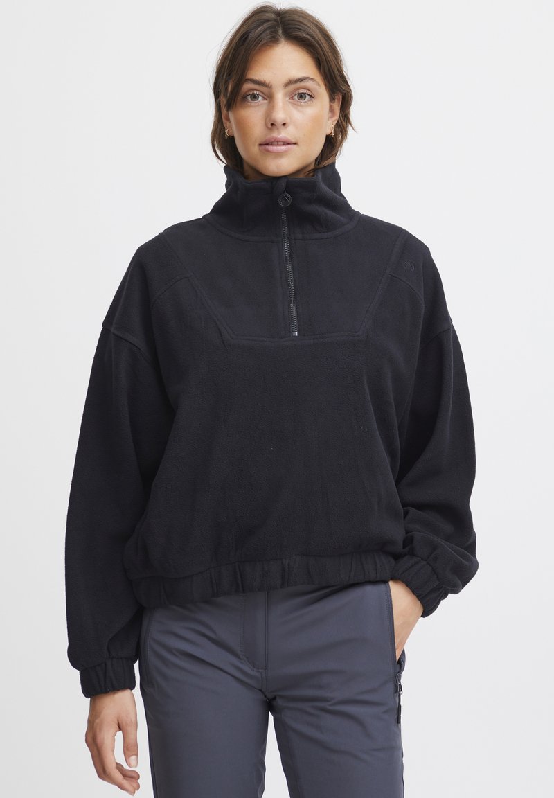 Black fleece pullover with a high collar and half zip. Features drop shoulders, ribbed cuffs, and a fitted waistband. Soft texture.