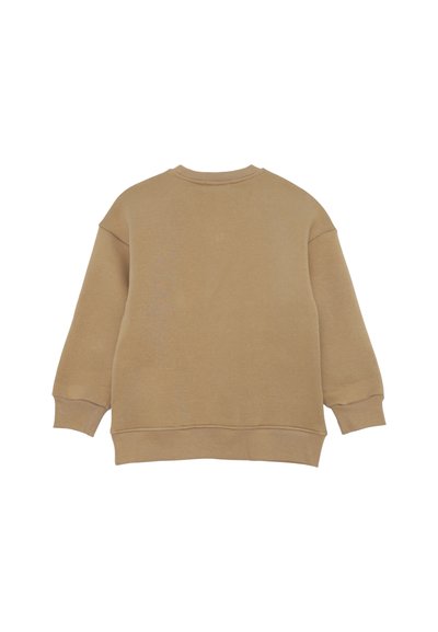 Felpa beige con maniche lunghe, colletto a girocollo e polsini e orlo a costine, mostrata da dietro su uno sfondo bianco.