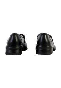 Black leather shoes with a smooth surface, rounded toe, and stacked heel. Features simple styling and no visible patterns or hardware.
