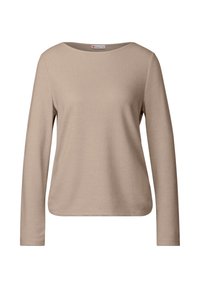 Beige långärmad topp med rund halsringning och mjukt, slätt tyg. Har en avslappnad passform och minimalistisk design utan synliga mönster.