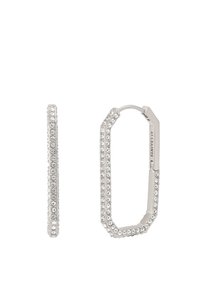 Silver hoop earrings featuring a rectangular shape, adorned with clear circular crystals along the edges, showcasing a polished finish.