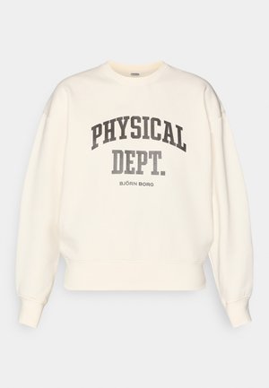 Krémová mikina s okrúhlym výstrihom, zníženými plecami a rebrovanými manžetami. Na prednej strane sa nachádza nápis "PHYSICAL DEPT." v tmavosivej tučnej farbe.