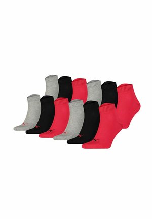 Ein Packung mit 12 Knöchelsocken in Pink, Grau und Schwarz. Hergestellt aus einem Baumwollgemisch mit gerippten Bündchen und einem kleinen Markenlogo in Rot auf jeder Socke.