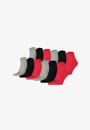 A pack of 12 ankle socks in pink, gray, and black. Made of cotton blend with ribbed cuffs and a small branded logo in red on each sock.