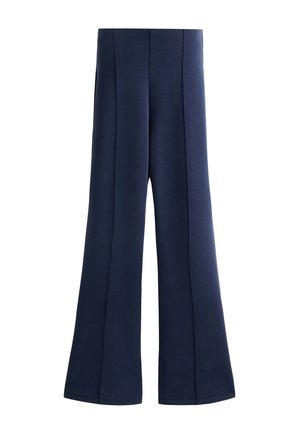 Pantaloni evazați de marină, confecționați dintr-un material moale, cu cusături verticale și un design cu picior larg, având o textură netedă. Fără închizători vizibile.