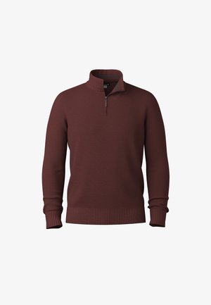 Miehen tummanruskea pitkähiha sweater, jossa on ribbireunat hihansuissa ja helmassa, korkeakauluksinen ja neljännesvetoketjullinen.