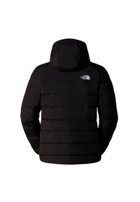 Veste noire matelassée à capuche avec le logo The North Face sur le haut du dos, vue de dos avec manches longues.