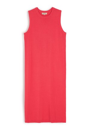 Sukienka bez rękawów, dopasowana, w jasnym koralowym kolorze, wykonana z miękkiego, elastycznego materiału. Posiada prążkowany dekolt i dół. Minimalistyczny design.