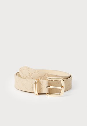 Curea din piele bej cu model circular embosat și o cataramă dreptunghiulară de ton auriu, având o textură netedă și un design elegant.