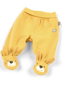 Gele babypants met aangehechte voeten, versierd met glimlachende dierengezichten en stoffen oren, gemaakt van zachte katoen, met een elastische tailleband.