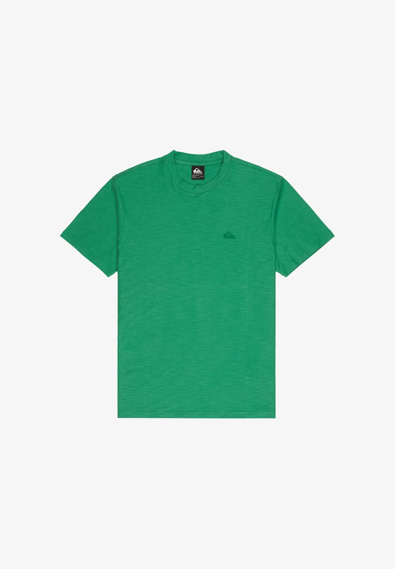 T-shirt vert à manches courtes avec col rond et petit logo brodé sur le côté gauche de la poitrine, présenté sur un fond blanc.