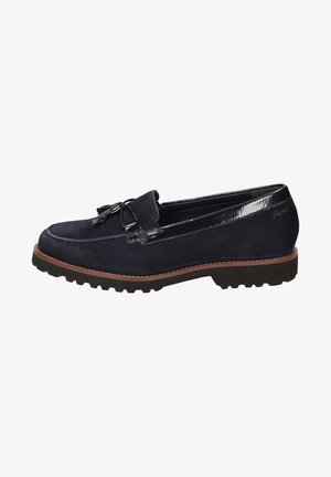 Marine-suede instappers met een lakleren accent en decoratieve kwastjes, voorzien van een robuuste rubberen zool voor grip.
