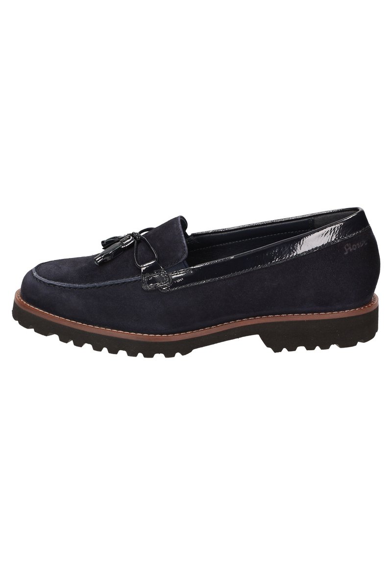 Navy-veloursleder Slipper mit einem Akzent aus Lackleder und dekorativen Quasten, ausgestattet mit einer robusten Gummisohle für besseren Halt.
