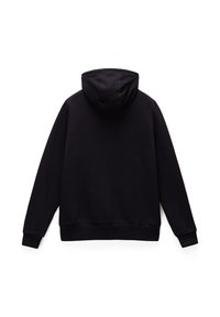Zwarte hoodie met een zachte textuur, ribgebreide manchetten en zoom. Eenvoudig ontwerp zonder zichtbare logo's of patronen.