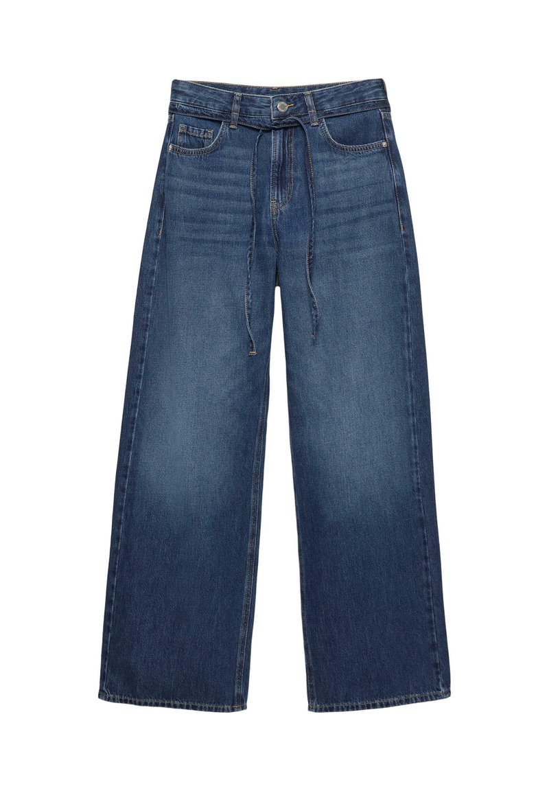 Jeans wide-leg din denim de culoare albastră închisă, cu talie ajustată, bucle pentru curea și închidere cu nasture frontal. Textură netedă cu o ușoară decolorare.