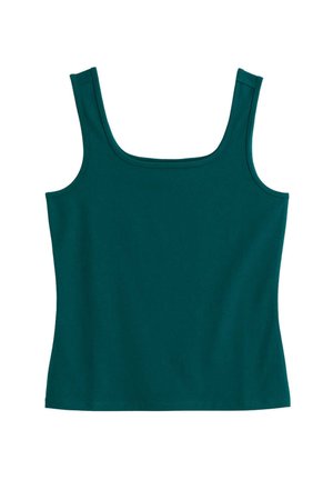 Top bleumarin fără mâneci, cu bretele largi la umeri și decolteu pătrat, așezat plat pe un fundal alb.