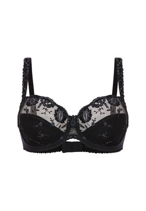 Soutien-gorge noir en tulle transparent avec broderies florales, avec soutien-gorge à armatures, bretelles ajustables et un détail décoratif au centre.