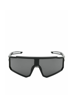 Lunettes de sport noires enveloppantes avec verres sombres anguleux et un large pont nasal, conçues pour une utilisation en extérieur ou sportive.