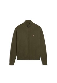 Chaqueta de cremallera en verde oliva. Tejido de punto, cuello alto, mangas largas, puños y dobladillo acanalados. Pequeño logotipo en el pecho izquierdo.