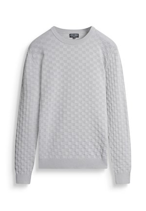 Lichtgrijs crew neck trui met een textuur van vierkante patronen, lange mouwen en geribbelde manchetten en zoom.