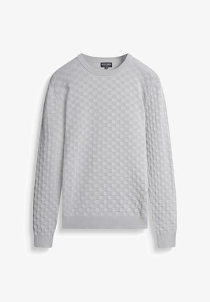 Lichtgrijs crew neck trui met een textuur van vierkante patronen, lange mouwen en geribbelde manchetten en zoom.