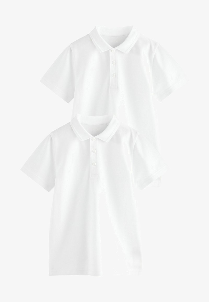 Két fehér pólóing, pamutból készült, gallérral és három gombos légzésmóddal, rövid ujjakkal és sima tapintással.