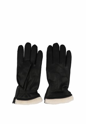 Paar schwarze Lederhandschuhe mit cremefarbenem Fleecefutter und Reißverschluss-Detail am Handgelenk, flach liegend mit den Handflächen nach oben.