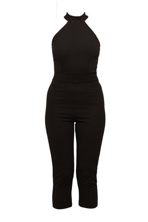 Salopetă neagră cu guler înalt, bust ajustat și picioare scurte. Realizată dintr-un material elastic, cu o textură fină. Fără închideri vizibile.