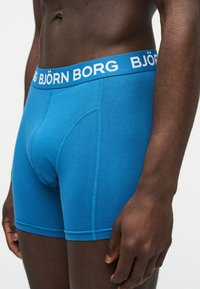 Κοντινό πλάνο ενός ατόμου που φοράει μπλε μποξεράκια Björn Borg με ελαστική ζώνη μέσης με το λογότυπο, δείχνοντας τον κορμό και το πάνω μέρος των ποδιών σε απλό φόντο.