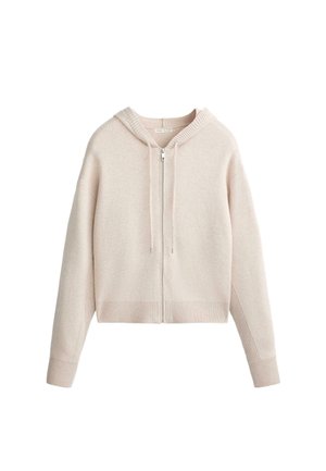 Lichtbeige gebreide hoodie met rits, lange mouwen, trekkoorden en een geribde kraag en zoom.