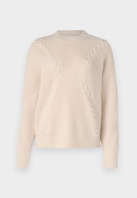 Maglione beige lavorato a maglia con un design a trecce testurizzate, colletto a girocollo e polsini e orlo a costine. Realizzato in un materiale morbido e caldo.