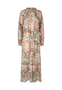 Robe longue et imprimée avec un col montant, des manches longues et une ceinture à la taille. Elle présente des motifs floraux dans des teintes de marron, turquoise et crème.