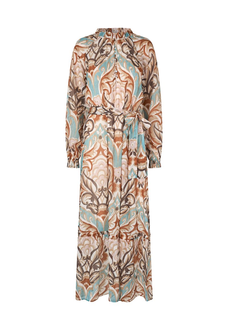 Robe longue et imprimée avec un col montant, des manches longues et une ceinture à la taille. Elle présente des motifs floraux dans des teintes de marron, turquoise et crème.